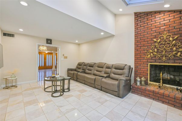 Fireplace, Interior, Living room, Recessed Lighting, Stone Walls
