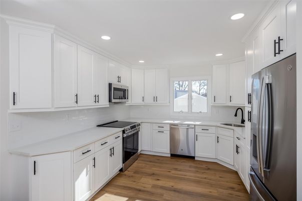 Interior, Kitchen, Recessed Lighting, Stainless Steel Appliances, Wood Texture Flooring
