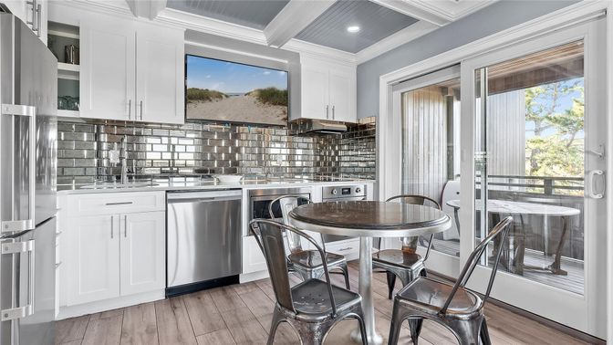 Dining room, Interior, Kitchen, Recessed Lighting, Stainless Steel Appliances, Wood Texture Flooring