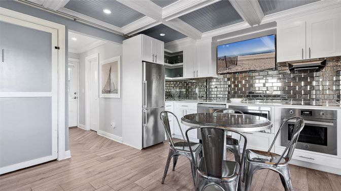 Interior, Kitchen, Recessed Lighting, Stainless Steel Appliances, Wood Texture Flooring