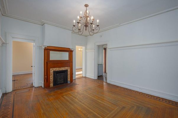 Chandelier, Empty room, Fireplace, Interior, Wood Texture Flooring