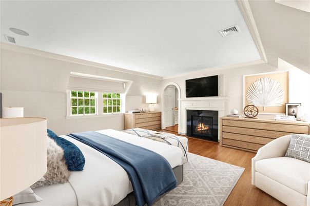 Bedroom, Fireplace, Interior, Wood Texture Flooring