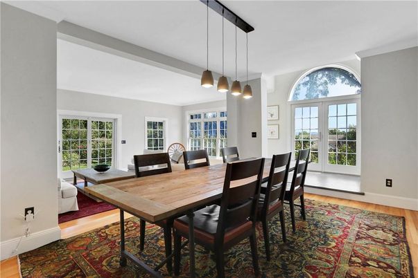 Dining room, Interior, Pendant Lights, Wood Texture Flooring