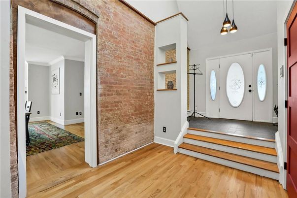 Interior, Pendant Lights, Stone Walls, Wood Texture Flooring