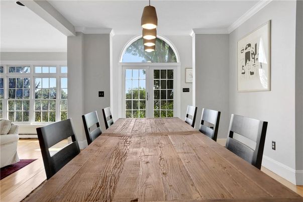 Dining room, Interior, Pendant Lights, Wood Texture Flooring