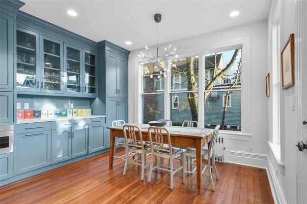 Dining room, Interior, Pendant Lights, Recessed Lighting, Water, Wood Texture Flooring