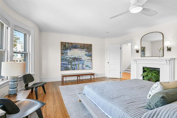 Bedroom, Fireplace, Interior, Wood Texture Flooring
