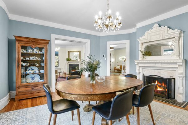 Chandelier, Dining room, Fireplace, Interior, Wood Texture Flooring