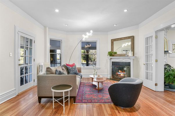 Fireplace, Interior, Living room, Recessed Lighting, Wood Texture Flooring