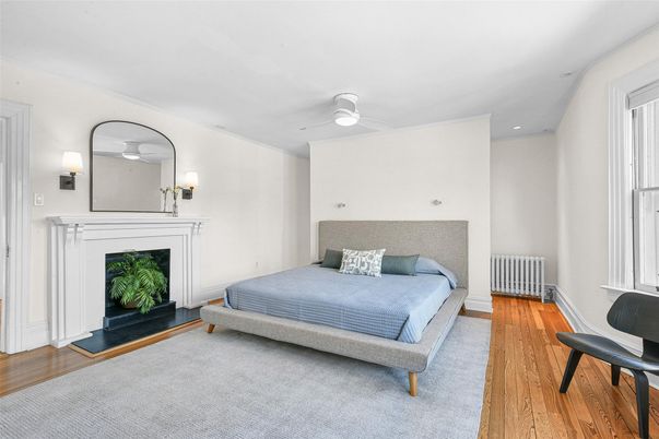 Bedroom, Fireplace, Interior, Recessed Lighting, Wood Texture Flooring