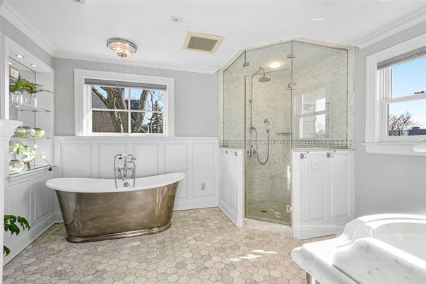 Bathroom, Free Standing Baths, Glass Shower, Interior, Recessed Lighting