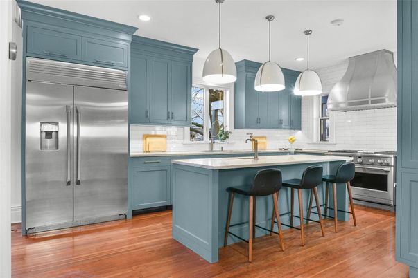 Interior, Kitchen, Pendant Lights, Recessed Lighting, Stainless Steel Appliances, Wood Texture Flooring