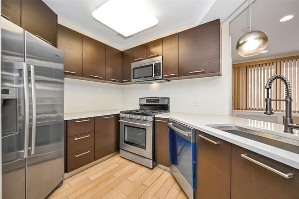 Interior, Kitchen, Pendant Lights, Recessed Lighting, Stainless Steel Appliances, Wood Texture Flooring