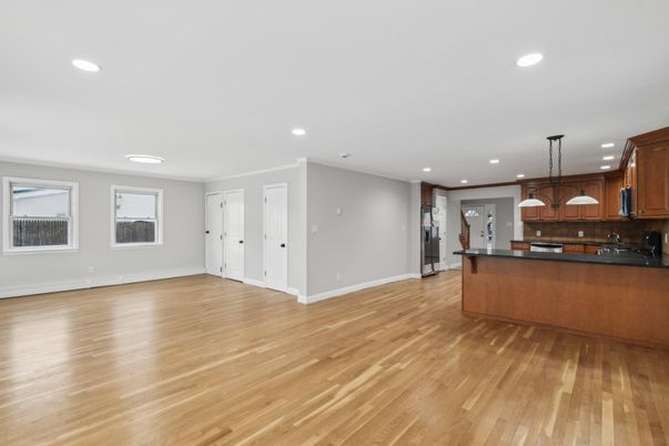Empty room, Interior, Kitchen, Pendant Lights, Recessed Lighting, Wood Texture Flooring