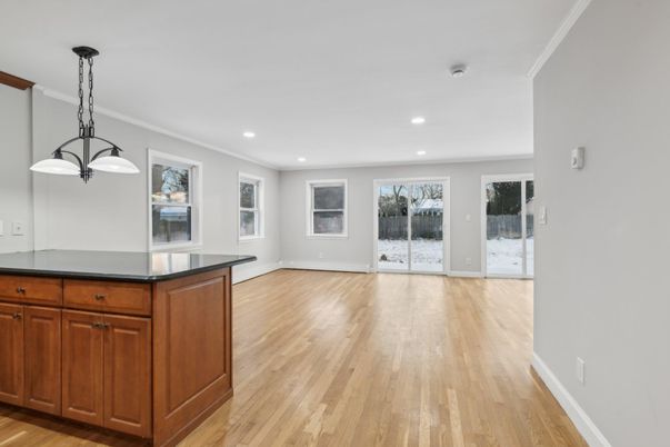 Empty room, Interior, Pendant Lights, Recessed Lighting, Wood Texture Flooring