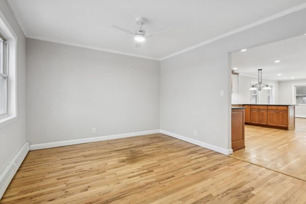 Empty room, Interior, Kitchen, Pendant Lights, Recessed Lighting, Wood Texture Flooring
