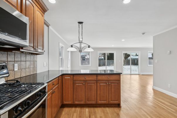 Interior, Kitchen, Pendant Lights, Recessed Lighting, Wood Texture Flooring