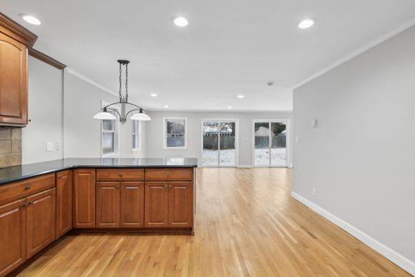 Empty room, Interior, Kitchen, Pendant Lights, Recessed Lighting, Wood Texture Flooring