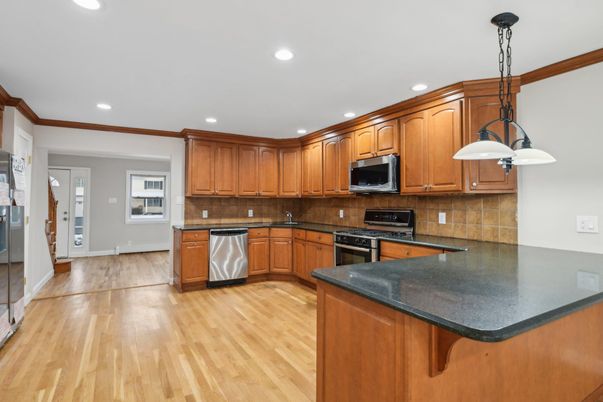 Interior, Kitchen, Pendant Lights, Recessed Lighting, Stainless Steel Appliances, Wood Texture Flooring
