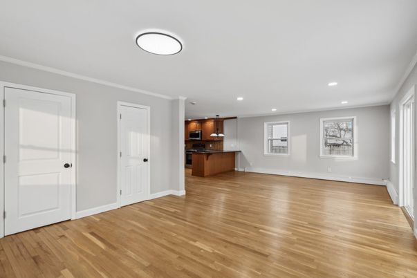 Empty room, Interior, Kitchen, Recessed Lighting, Wood Texture Flooring