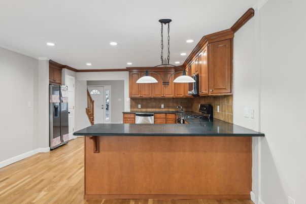 Interior, Kitchen, Pendant Lights, Recessed Lighting, Wood Texture Flooring