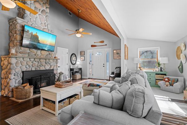 Fireplace, Interior, Living room, Stone Walls, Wooden Beams, Wood Texture Flooring