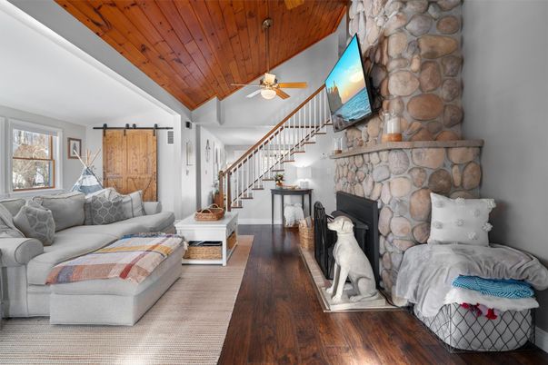 Fireplace, Interior, Living room, Stone Walls, Wooden Ceilings, Wood Texture Flooring