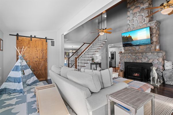 Fireplace, Interior, Living room, Stone Walls, Wood Texture Flooring