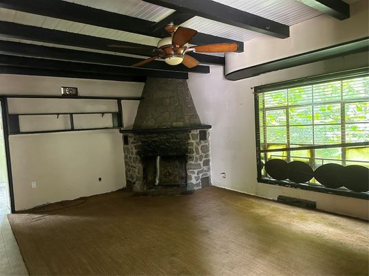 Empty room, Fireplace, Interior, Wooden Beams, Wood Texture Flooring