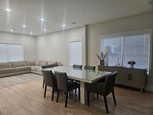 Dining room, Interior, Living room, Recessed Lighting, Wood Texture Flooring