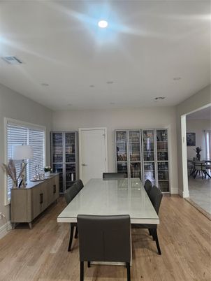 Dining room, Interior, Recessed Lighting, Wood Texture Flooring