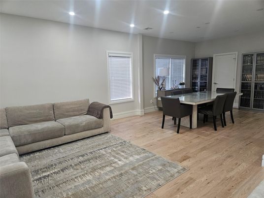 Dining room, Interior, Living room, Recessed Lighting, Wood Texture Flooring