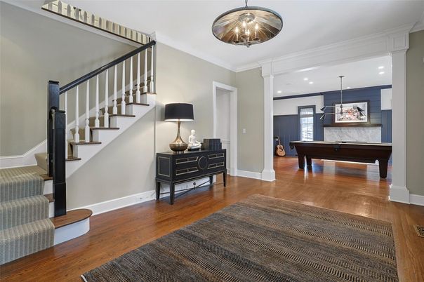 Billiard Table, Game Room, Interior, Pendant Lights, Recessed Lighting, Wood Texture Flooring