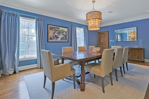 Chandelier, Dining room, Interior, Recessed Lighting, Wood Texture Flooring