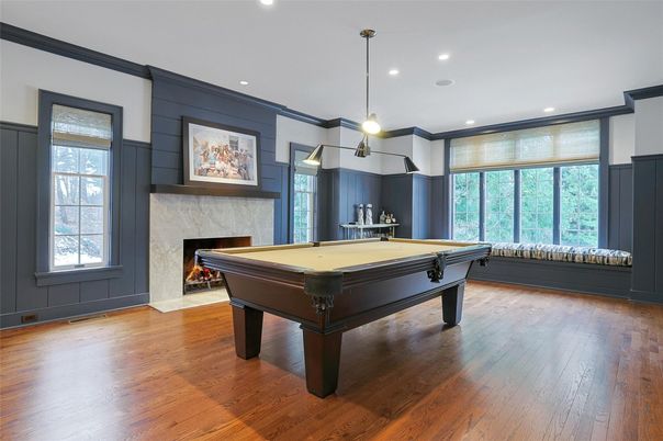 Billiard Table, Fireplace, Game Room, Interior, Pendant Lights, Recessed Lighting, Wood Texture Flooring