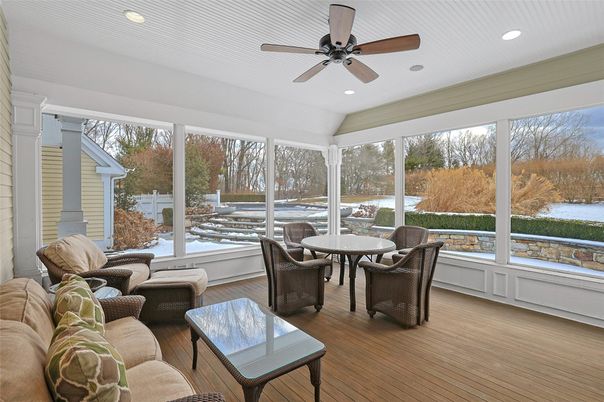 Dining room, Interior, Living room, Recessed Lighting, Sun Room, Water, Wood Texture Flooring
