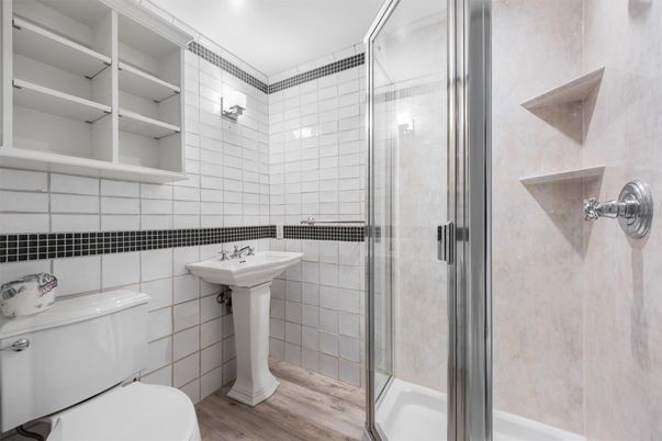 Bathroom, Glass Shower, Interior, Wood Texture Flooring