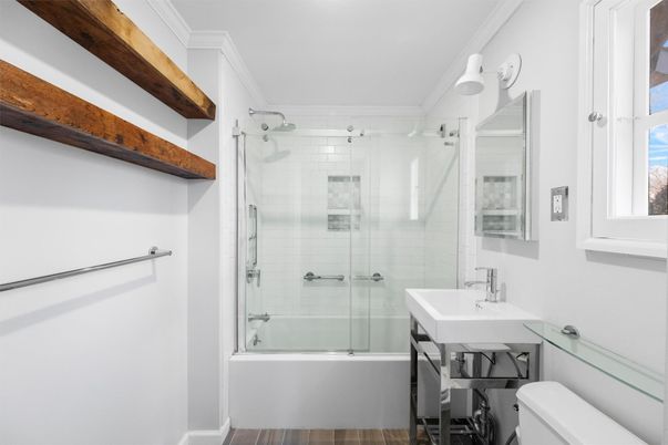Bathroom, Glass Shower, Interior, Wood Texture Flooring