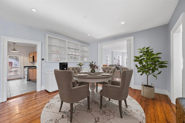 Dining room, Interior, Pendant Lights, Recessed Lighting, Wood Texture Flooring