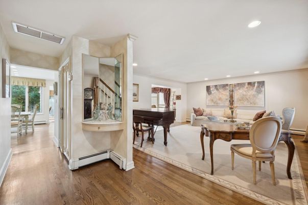Dining room, Interior, Piano, Recessed Lighting, Wood Texture Flooring