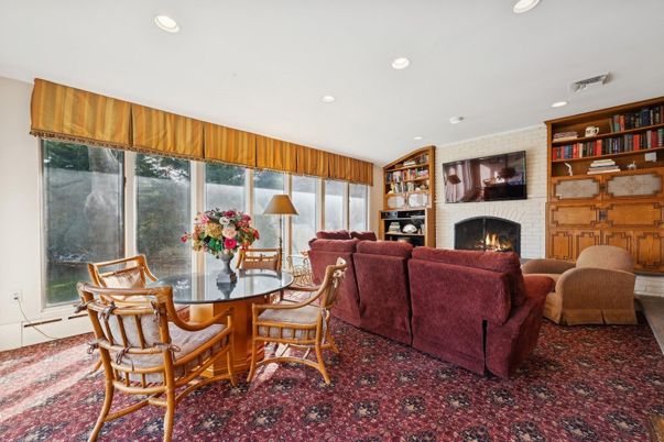 Dining room, Fireplace, Interior, Living room, Recessed Lighting