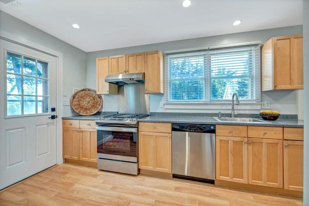 Interior, Kitchen, Recessed Lighting, Stainless Steel Appliances, Wood Texture Flooring