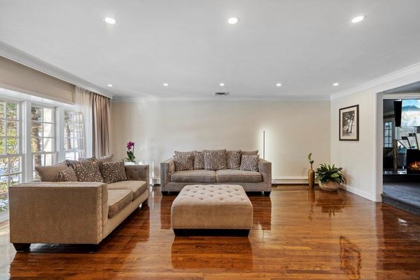 Fireplace, Interior, Living room, Recessed Lighting, Wood Texture Flooring