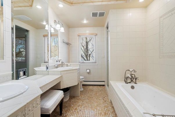 Bathroom, Dual Sink Vanities, Glass Shower, Interior, Recessed Lighting, Tile Countertops