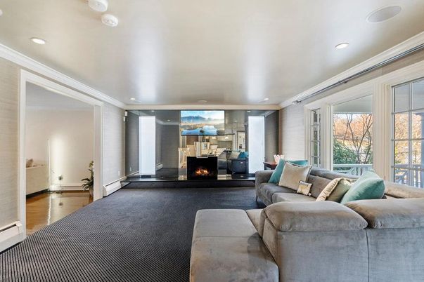 Fireplace, Interior, Living room, Recessed Lighting, Wood Texture Flooring