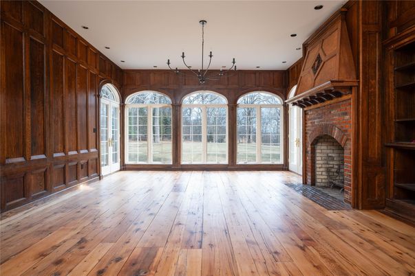 Empty room, Fireplace, Interior, Recessed Lighting, Wood Texture Flooring, Wooden Walls