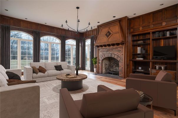 Chandelier, Fireplace, Interior, Living room, Recessed Lighting, Wood Texture Flooring, Wooden Walls