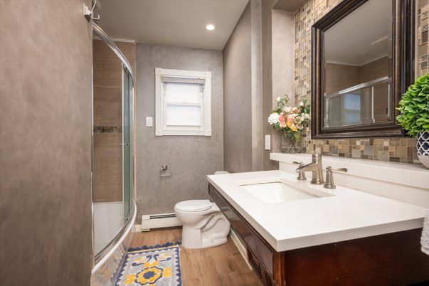 Bathroom, Glass Shower, Interior, Recessed Lighting, Wood Texture Flooring