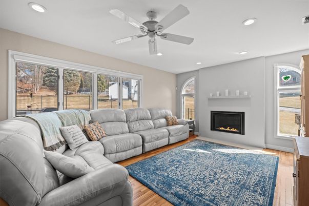 Fireplace, Interior, Living room, Recessed Lighting, Wood Texture Flooring