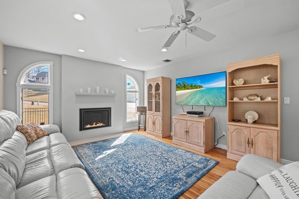 Fireplace, Interior, Living room, Recessed Lighting, Wood Texture Flooring